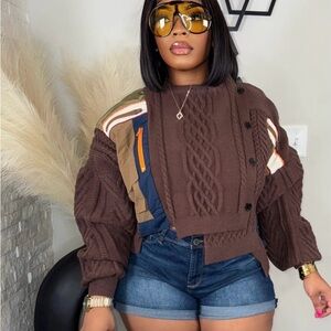 Cropped Trendy Brown Cable Knit Sweater with Colorful Patchwork